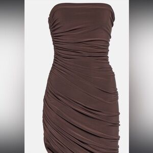 Norma Kamali Diana Ruched Strapless Gown in Dark Brown